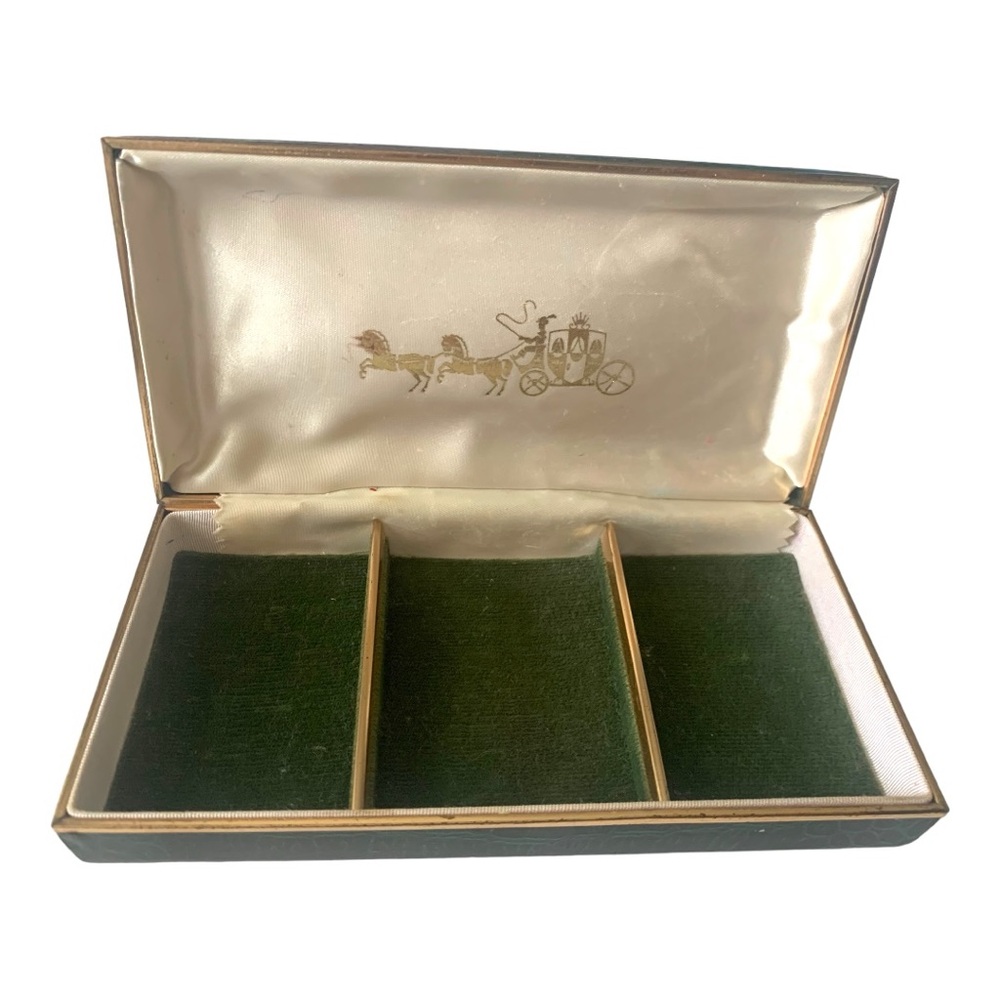 VTG Leather Alligator Green Farrington Horse Coach Travel Jewelry Box Satin